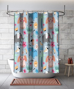 Multidimensional Flower and Animal Illustrations Printed Shower Curtain- Waterproof and Colorful Bathroom Décor