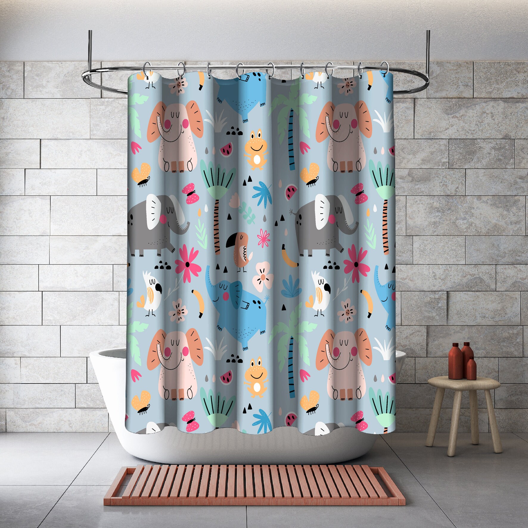 Multidimensional Flower and Animal Illustrations Printed Shower Curtain- Waterproof and Colorful Bathroom Décor