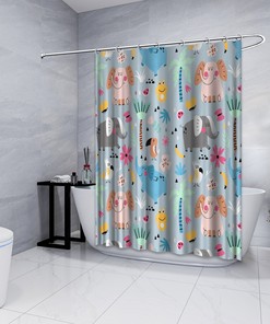 Multidimensional Flower and Animal Illustrations Printed Shower Curtain- Waterproof and Colorful Bathroom Décor