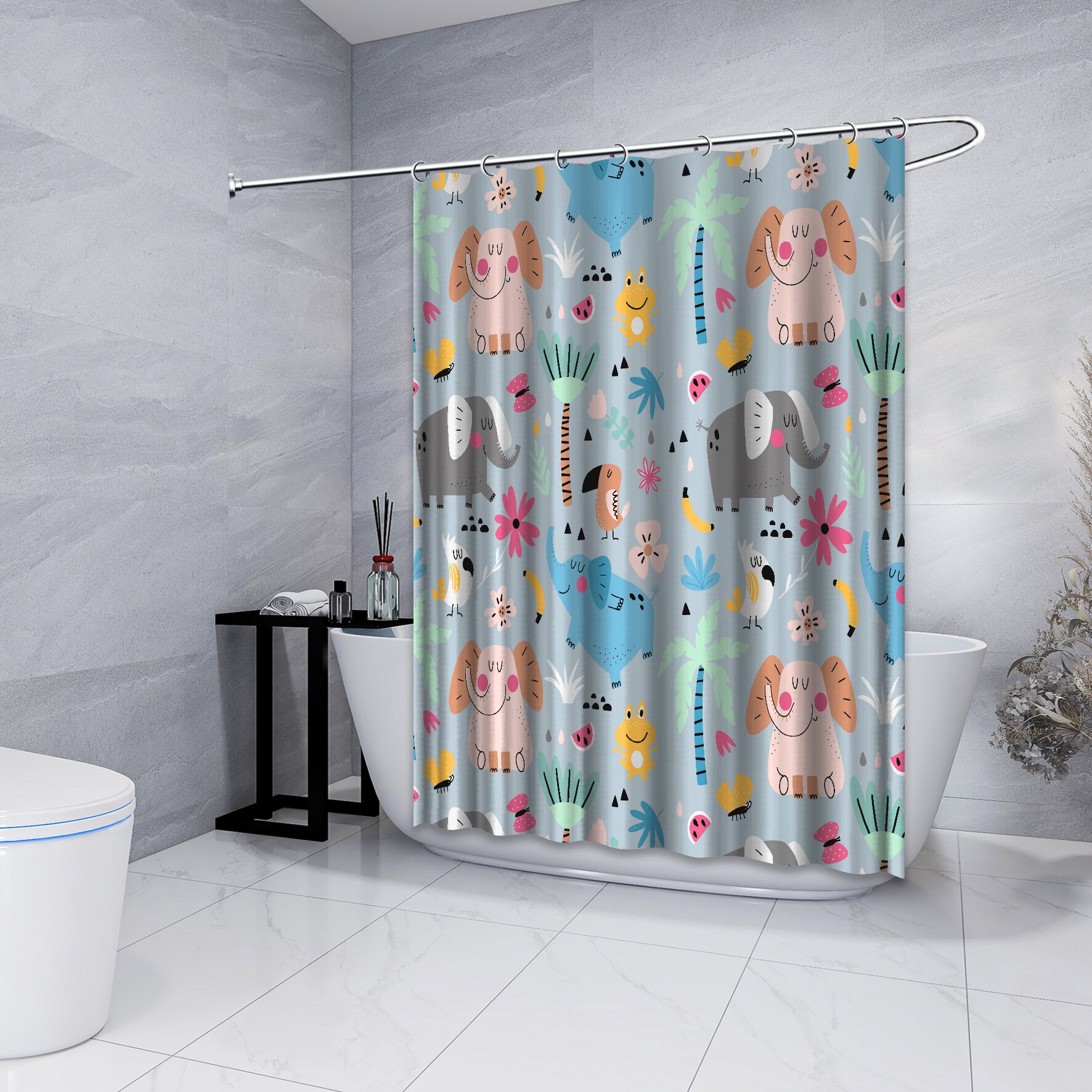 Multidimensional Flower and Animal Illustrations Printed Shower Curtain- Waterproof and Colorful Bathroom Décor