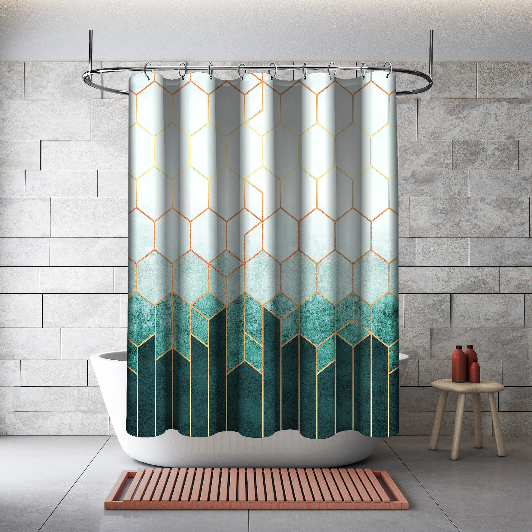 Multidimensional Geometric Abstraction Printed Shower Curtain For Modern Bathroom Decor