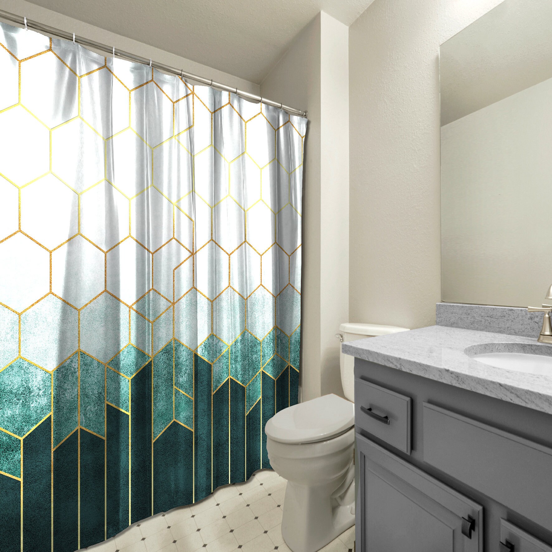 Multidimensional Geometric Abstraction Printed Shower Curtain For Modern Bathroom Decor