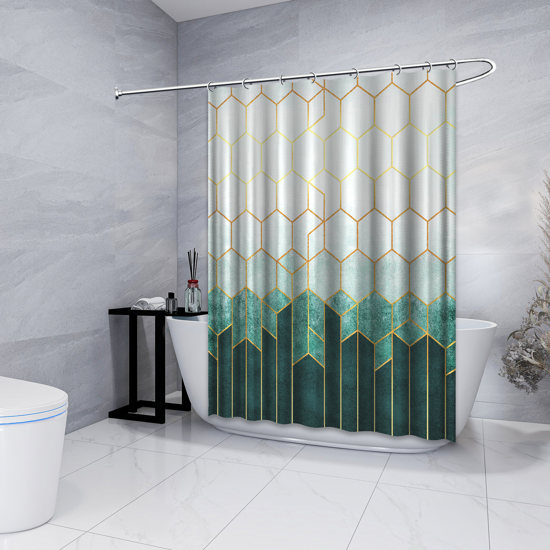 Multidimensional Geometric Abstraction Printed Shower Curtain For Modern Bathroom Decor