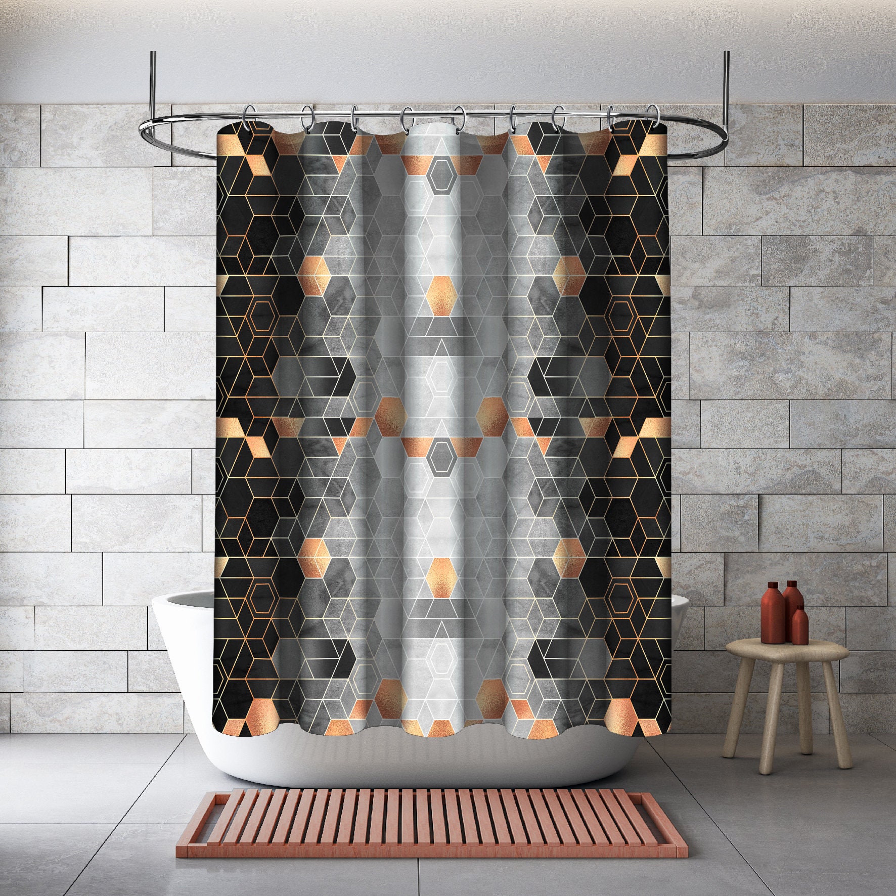 Multidimensional Geometric Watercolour Printed Shower Curtain for Bathroom