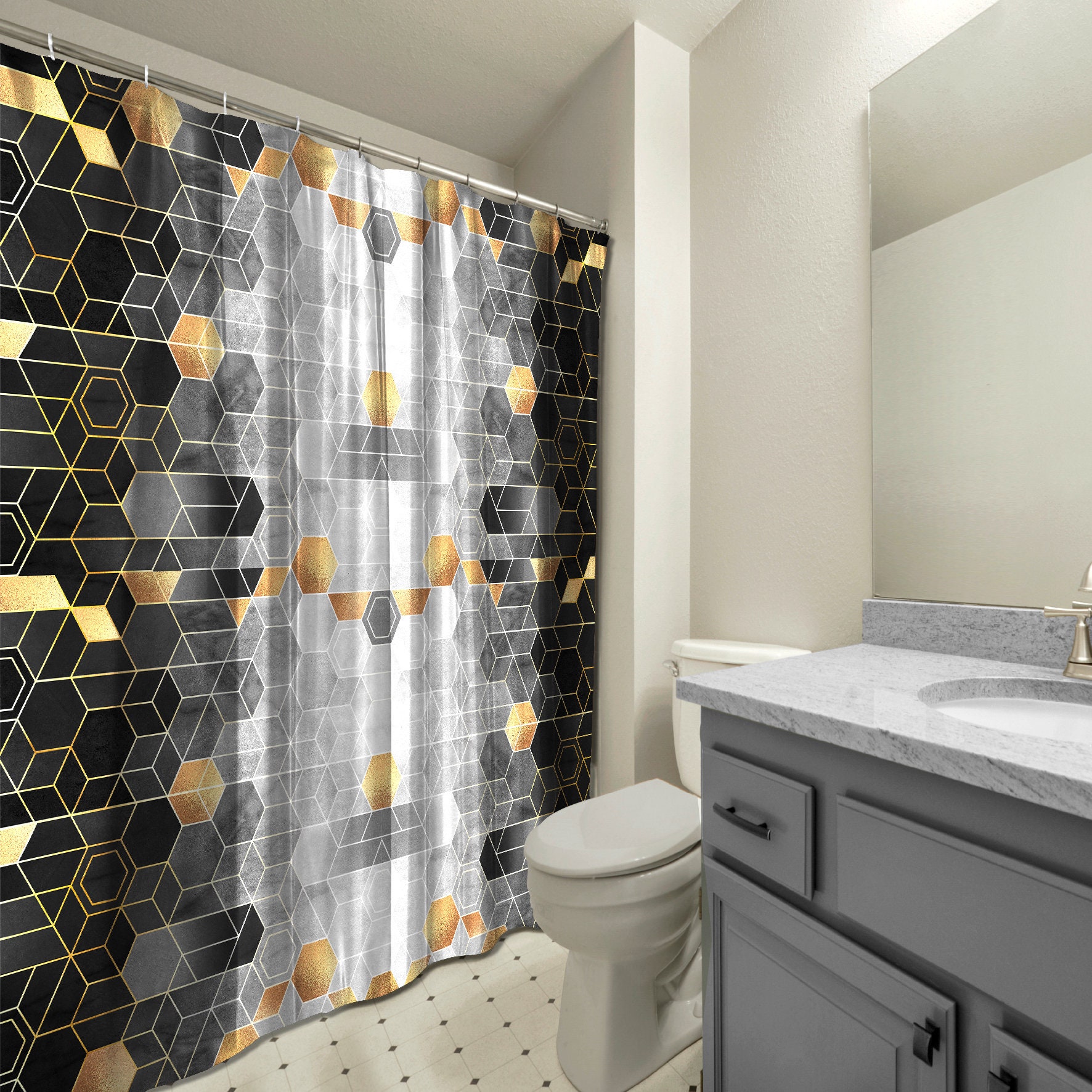 Multidimensional Geometric Watercolour Printed Shower Curtain for Bathroom