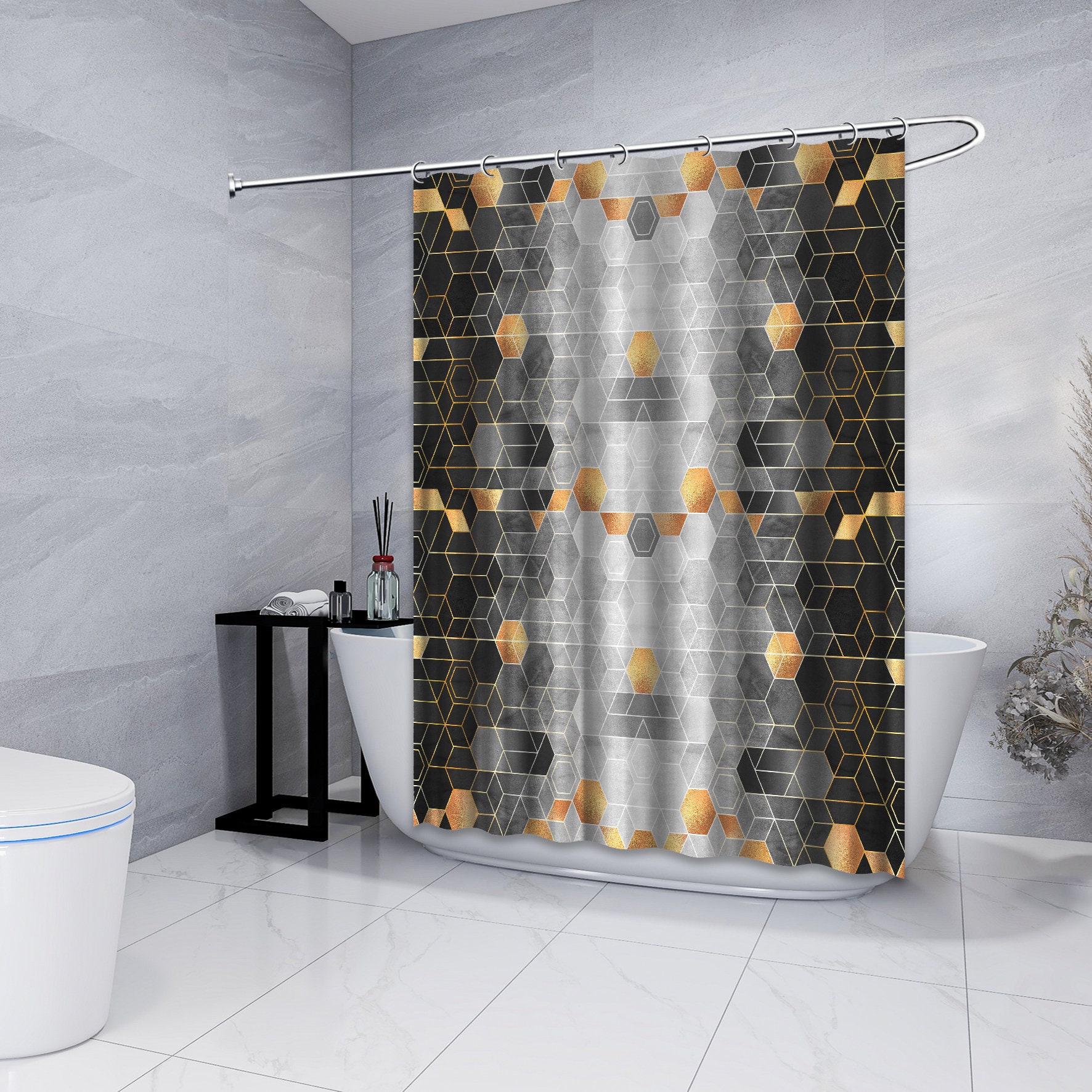 Multidimensional Geometric Watercolour Printed Shower Curtain for Bathroom