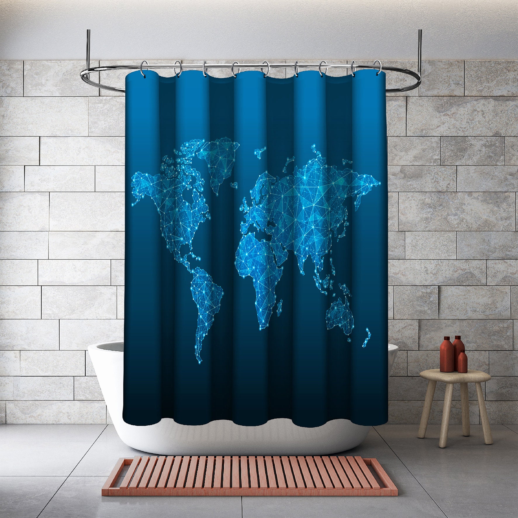 Multidimensional Geometric World Map Print Shower CurtainModern Bathroom Decor for Women & Geometric Lovers