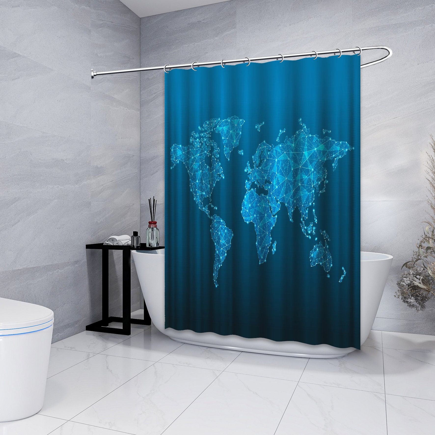 Multidimensional Geometric World Map Print Shower CurtainModern Bathroom Decor for Women & Geometric Lovers