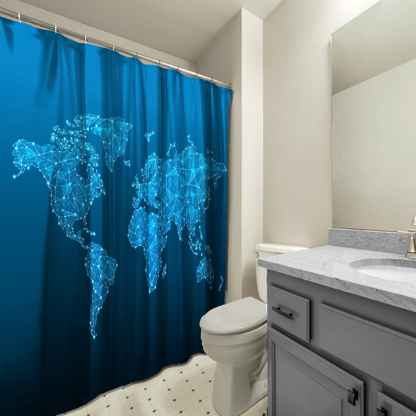 Multidimensional Geometric World Map Print Shower CurtainModern Bathroom Decor for Women & Geometric Lovers