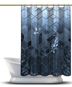 Multidimensional Hexagon Geometric Shower Curtain, Blue Relief Bathroom Decor