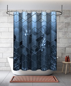 Multidimensional Hexagon Geometric Shower Curtain, Blue Relief Bathroom Decor