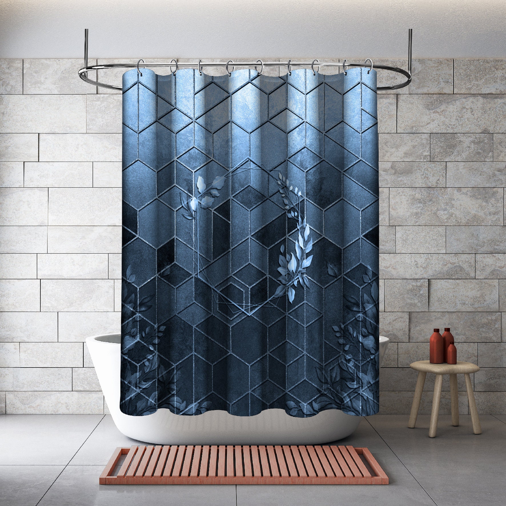 Multidimensional Hexagon Geometric Shower Curtain, Blue Relief Bathroom Decor
