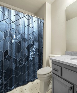 Multidimensional Hexagon Geometric Shower Curtain, Blue Relief Bathroom Decor