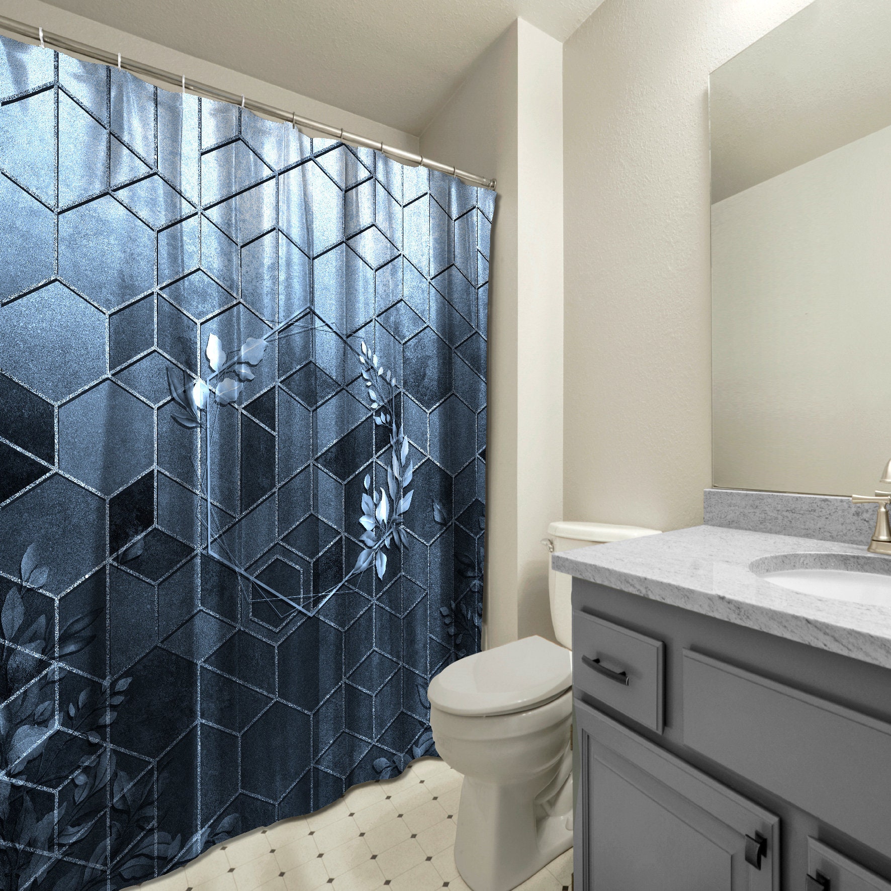 Multidimensional Hexagon Geometric Shower Curtain, Blue Relief Bathroom Decor