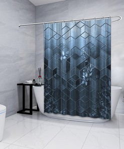 Multidimensional Hexagon Geometric Shower Curtain, Blue Relief Bathroom Decor