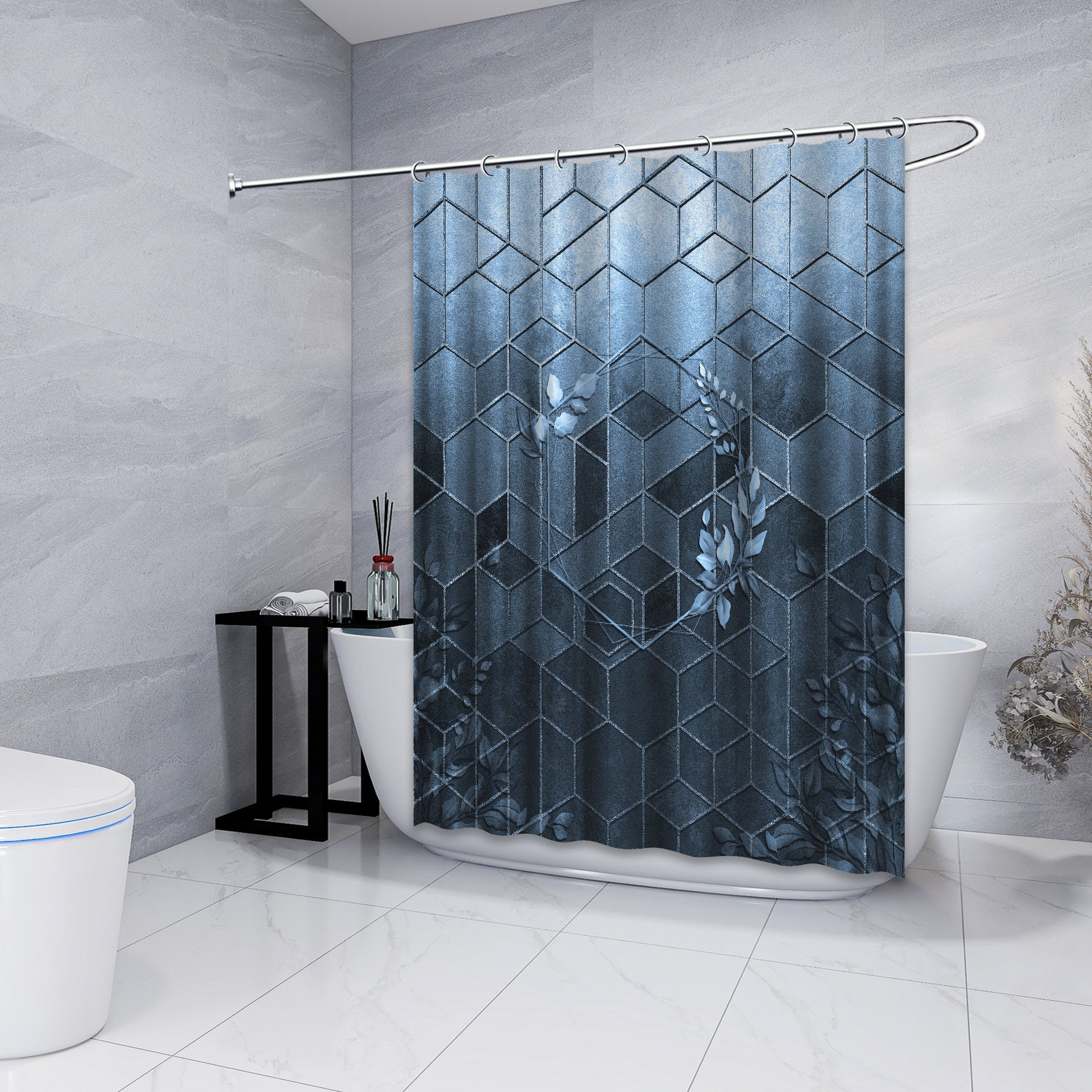 Multidimensional Hexagon Geometric Shower Curtain, Blue Relief Bathroom Decor