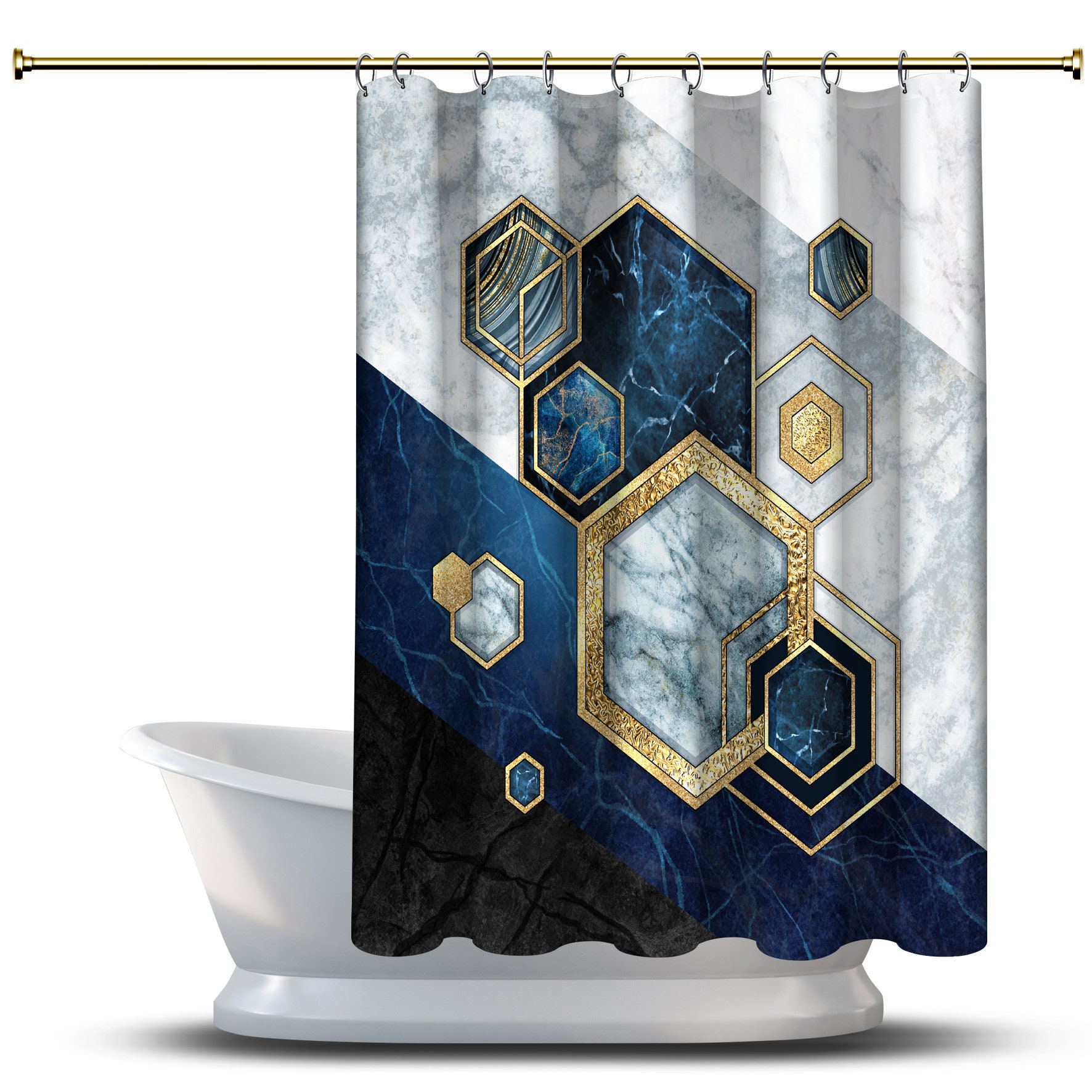 Multidimensional Hexagonal Shapes Abstract Geometric Print Shower Curtain For Modern Bathroom Decor