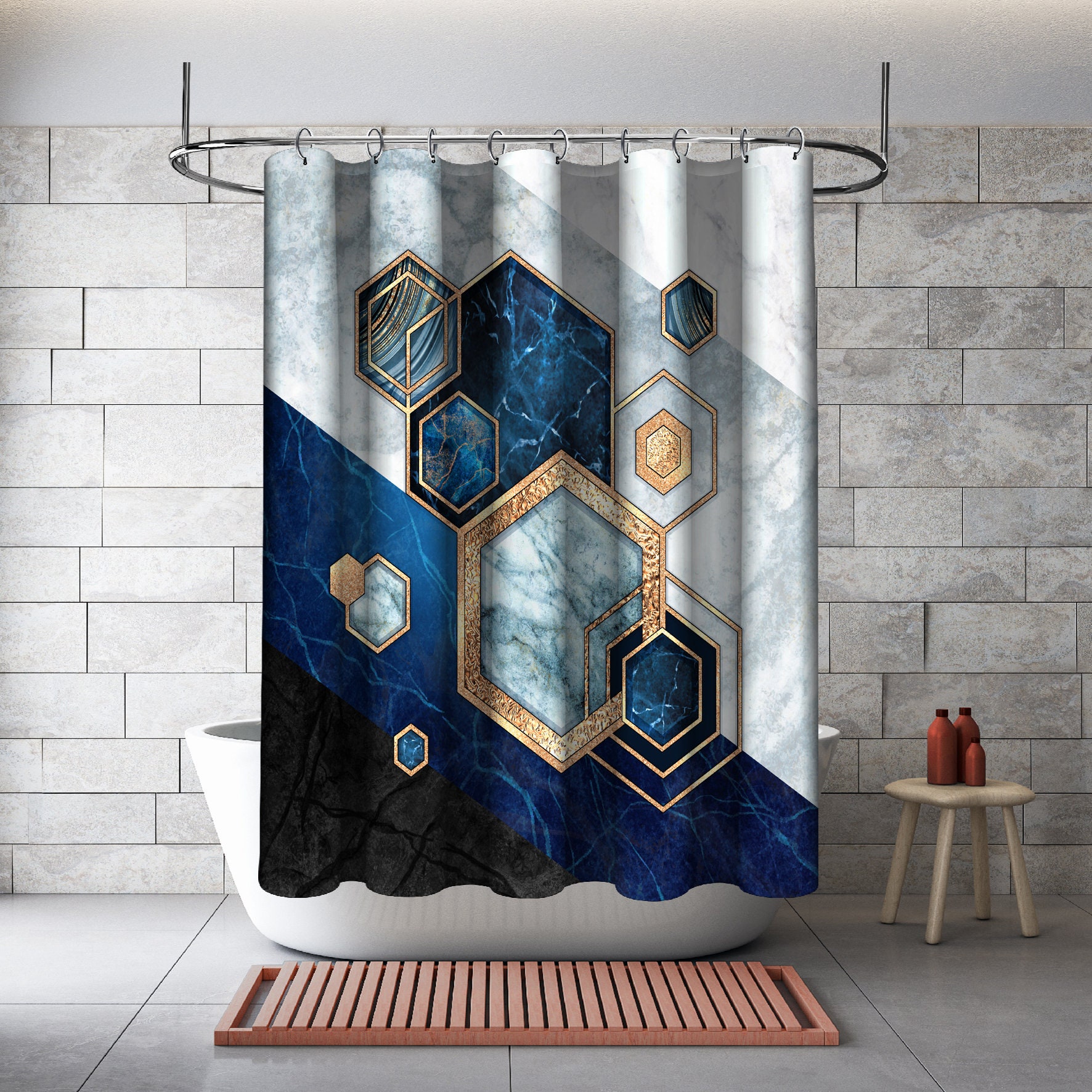 Multidimensional Hexagonal Shapes Abstract Geometric Print Shower Curtain For Modern Bathroom Decor - Image 2