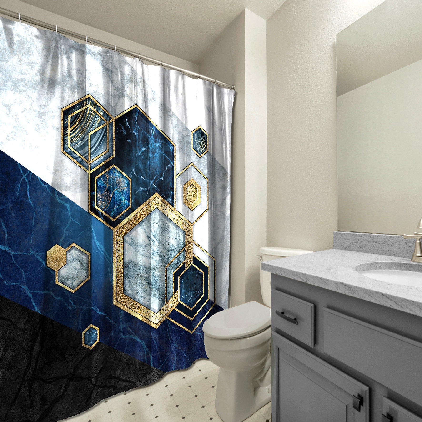 Multidimensional Hexagonal Shapes Abstract Geometric Print Shower Curtain For Modern Bathroom Decor - Image 3