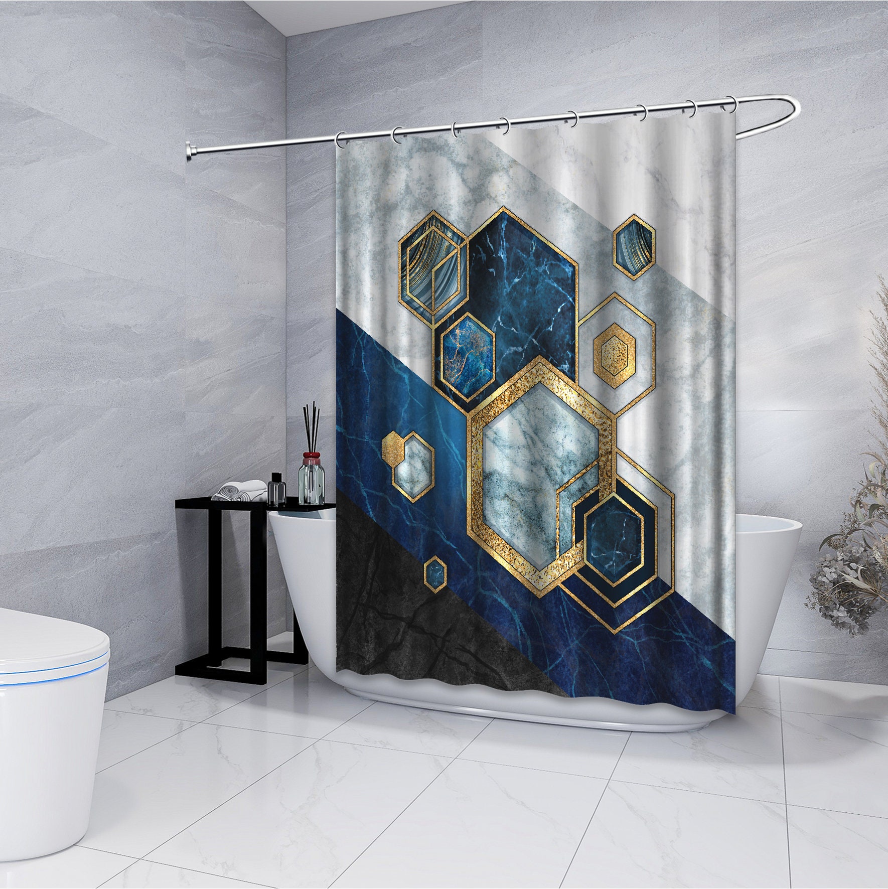 Multidimensional Hexagonal Shapes Abstract Geometric Print Shower Curtain For Modern Bathroom Decor - Image 4