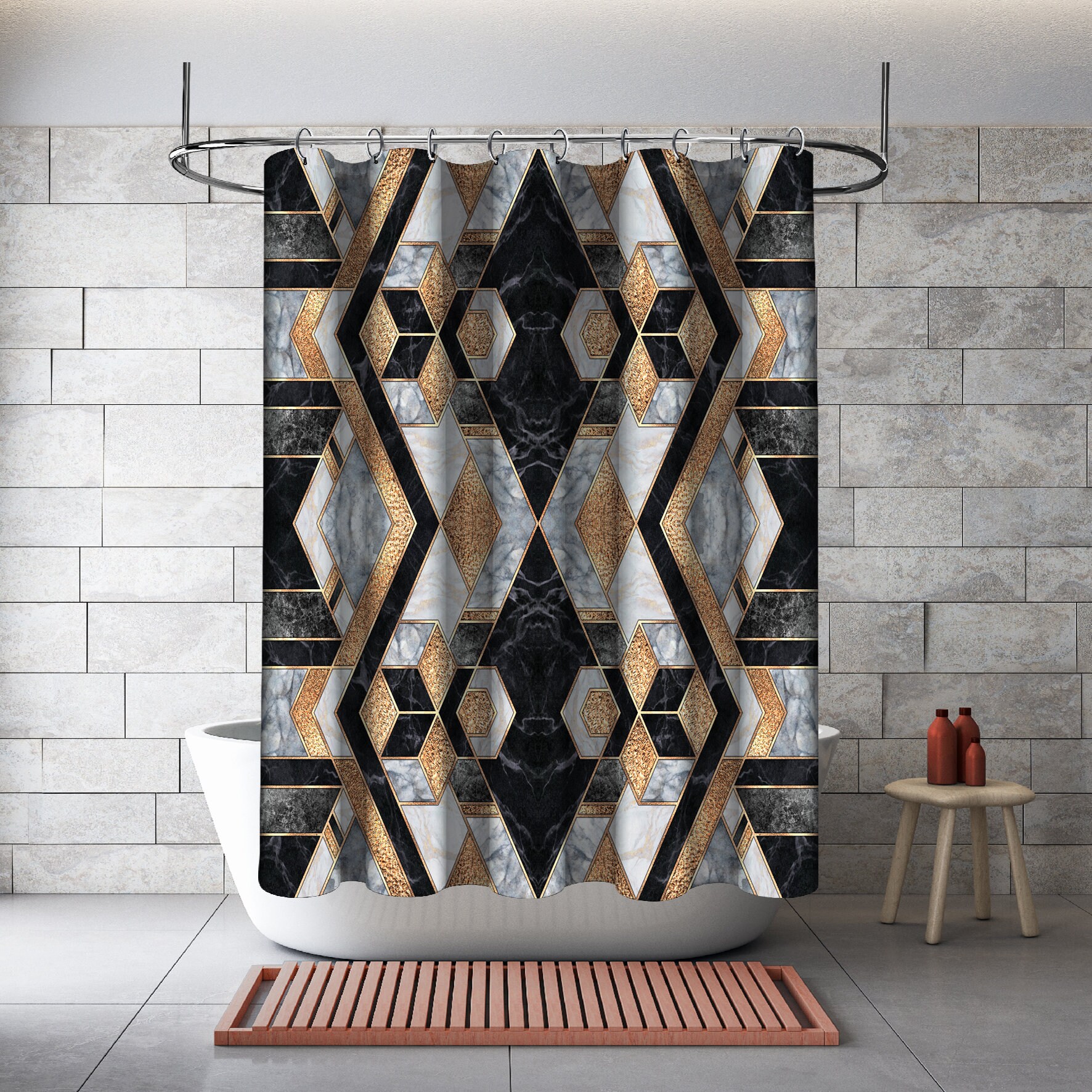 Multidimensional Marble Agate Geometric Pattern Shower Curtain - Waterproof Bathroom Decorations - Image 2