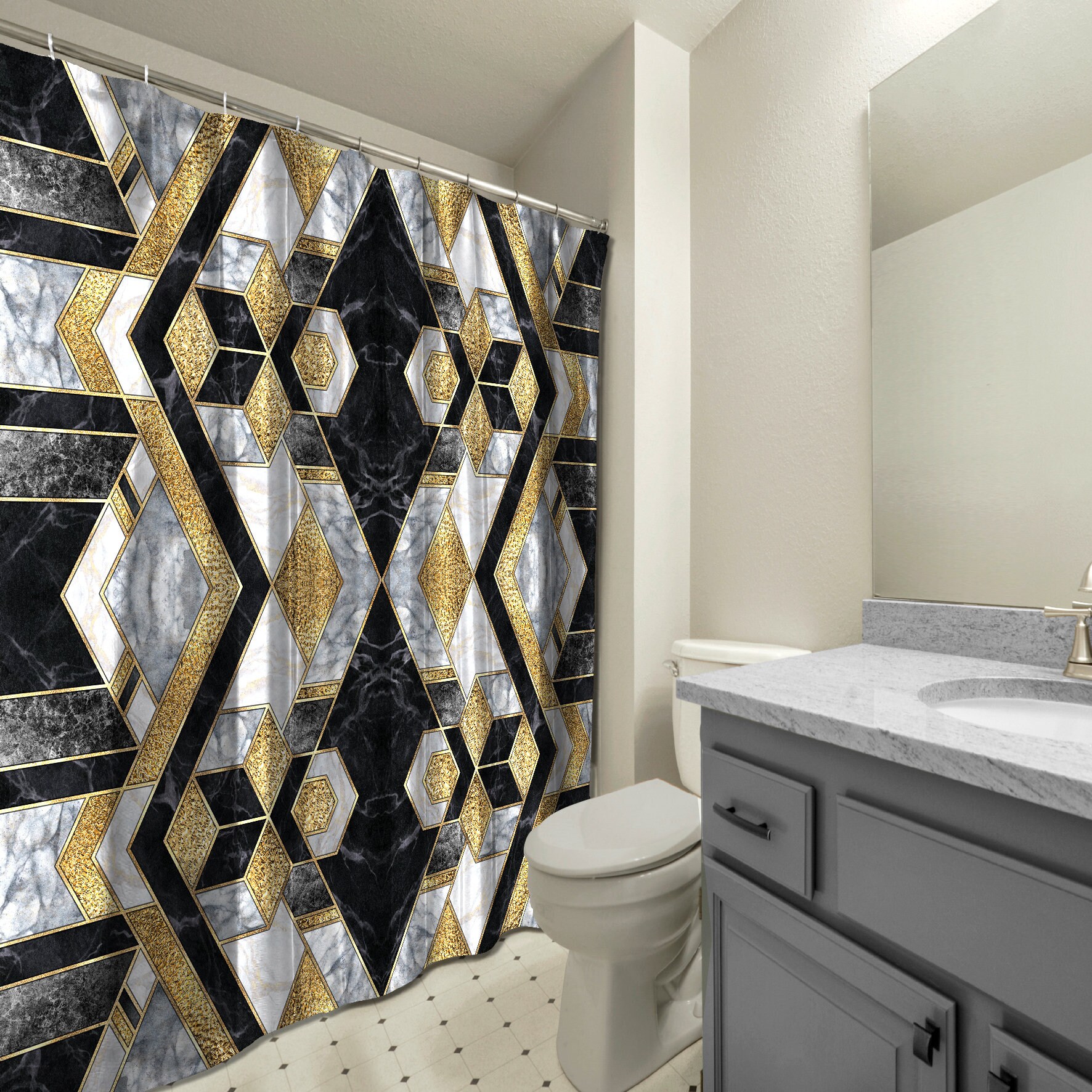 Multidimensional Marble Agate Geometric Pattern Shower Curtain - Waterproof Bathroom Decorations - Image 3