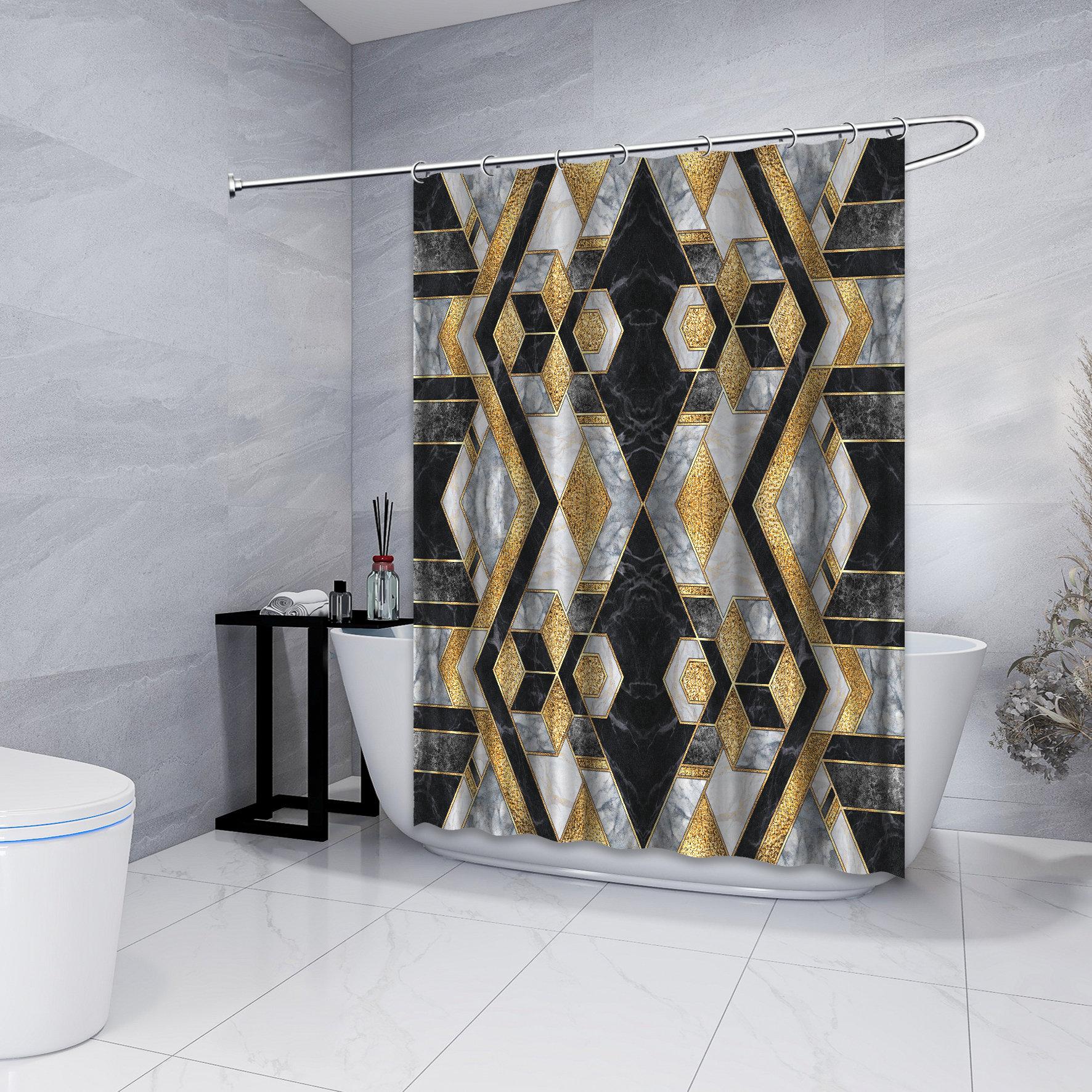 Multidimensional Marble Agate Geometric Pattern Shower Curtain - Waterproof Bathroom Decorations - Image 4