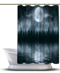 Multidimensional Misty Dark Forest With Moon Shower Curtain Waterproof