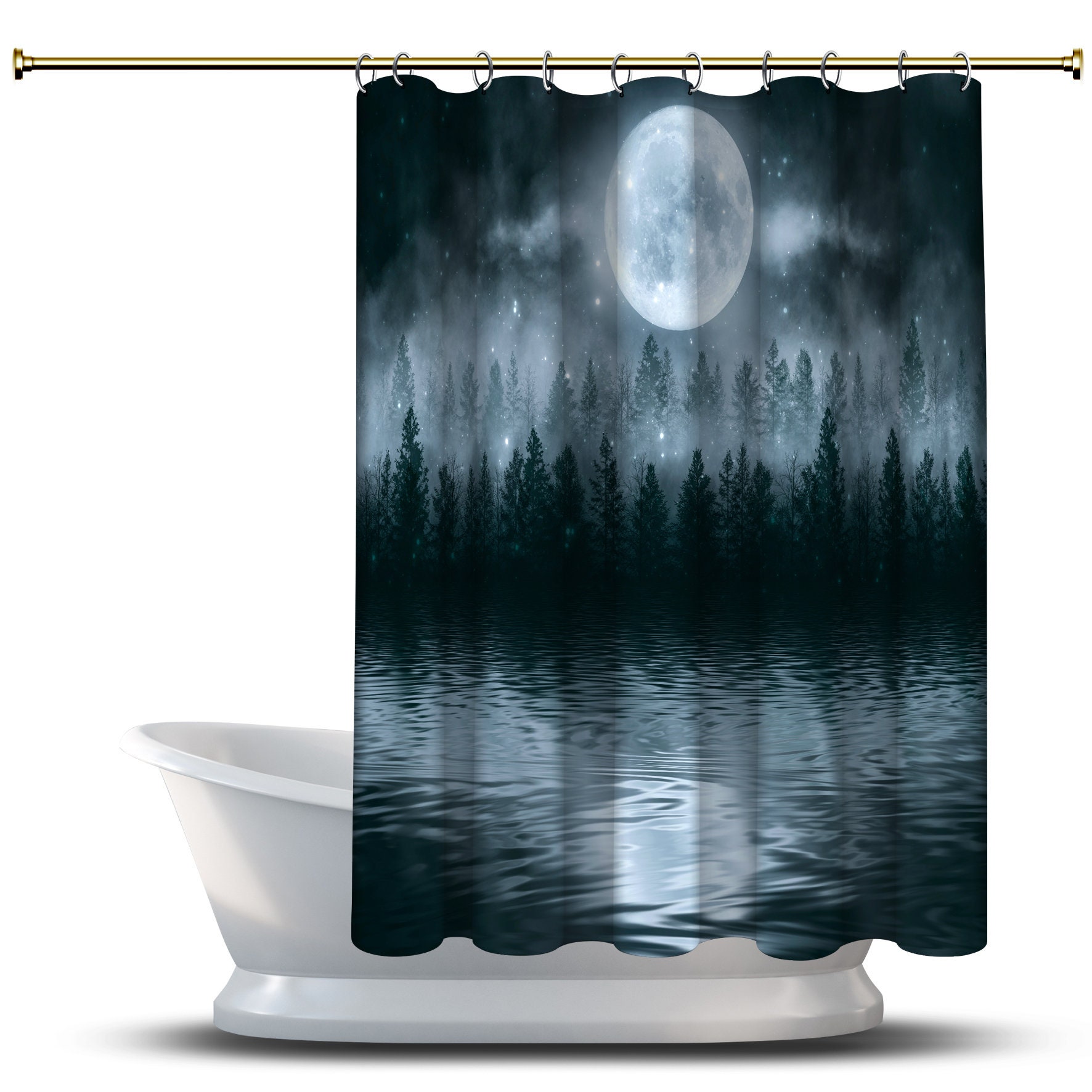 Multidimensional Misty Dark Forest With Moon Shower Curtain Waterproof