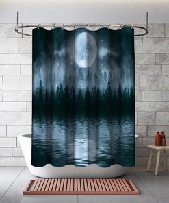 Multidimensional Misty Dark Forest With Moon Shower Curtain Waterproof