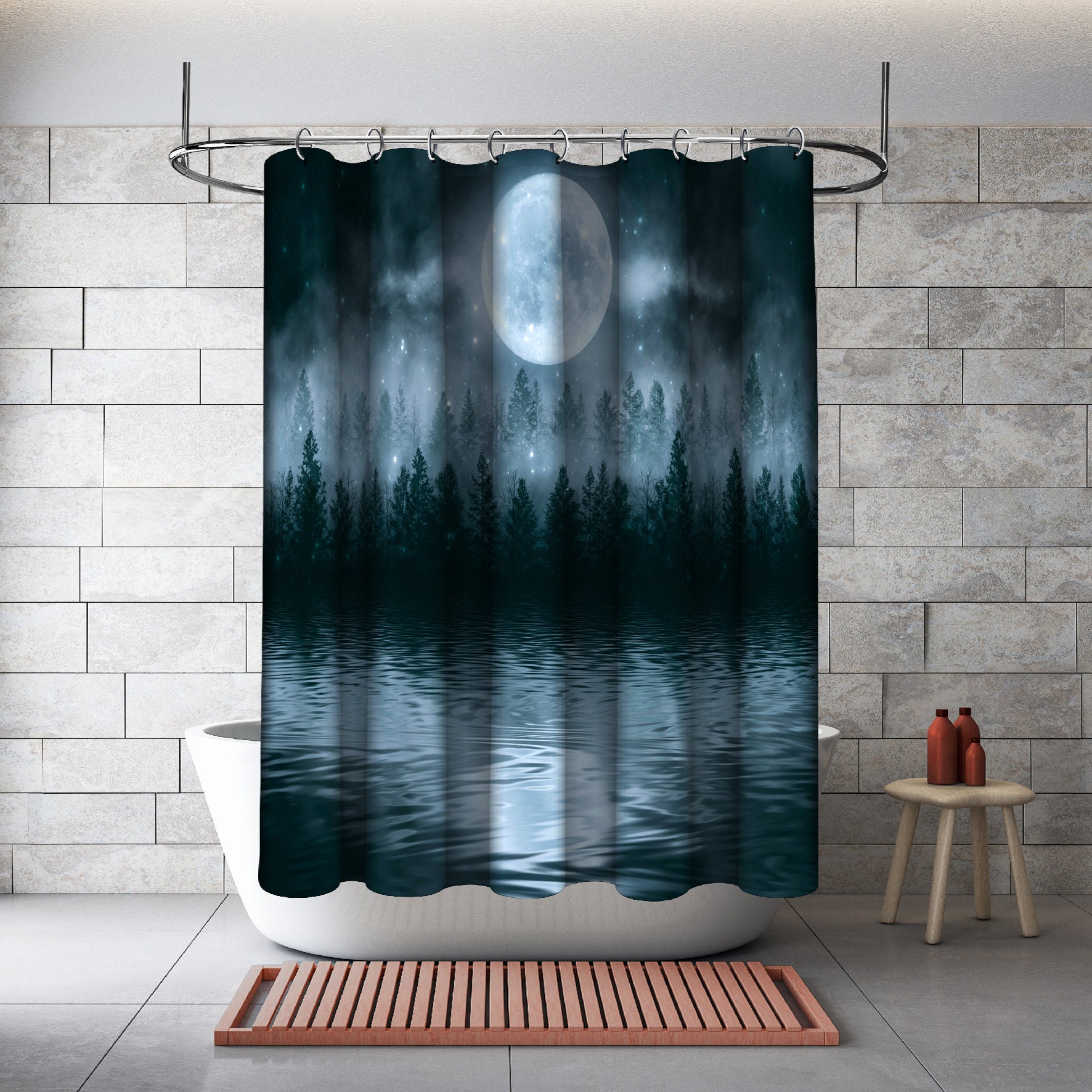 Multidimensional Misty Dark Forest With Moon Shower Curtain Waterproof