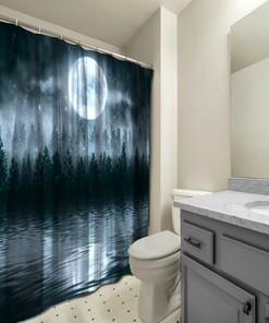 Multidimensional Misty Dark Forest With Moon Shower Curtain Waterproof