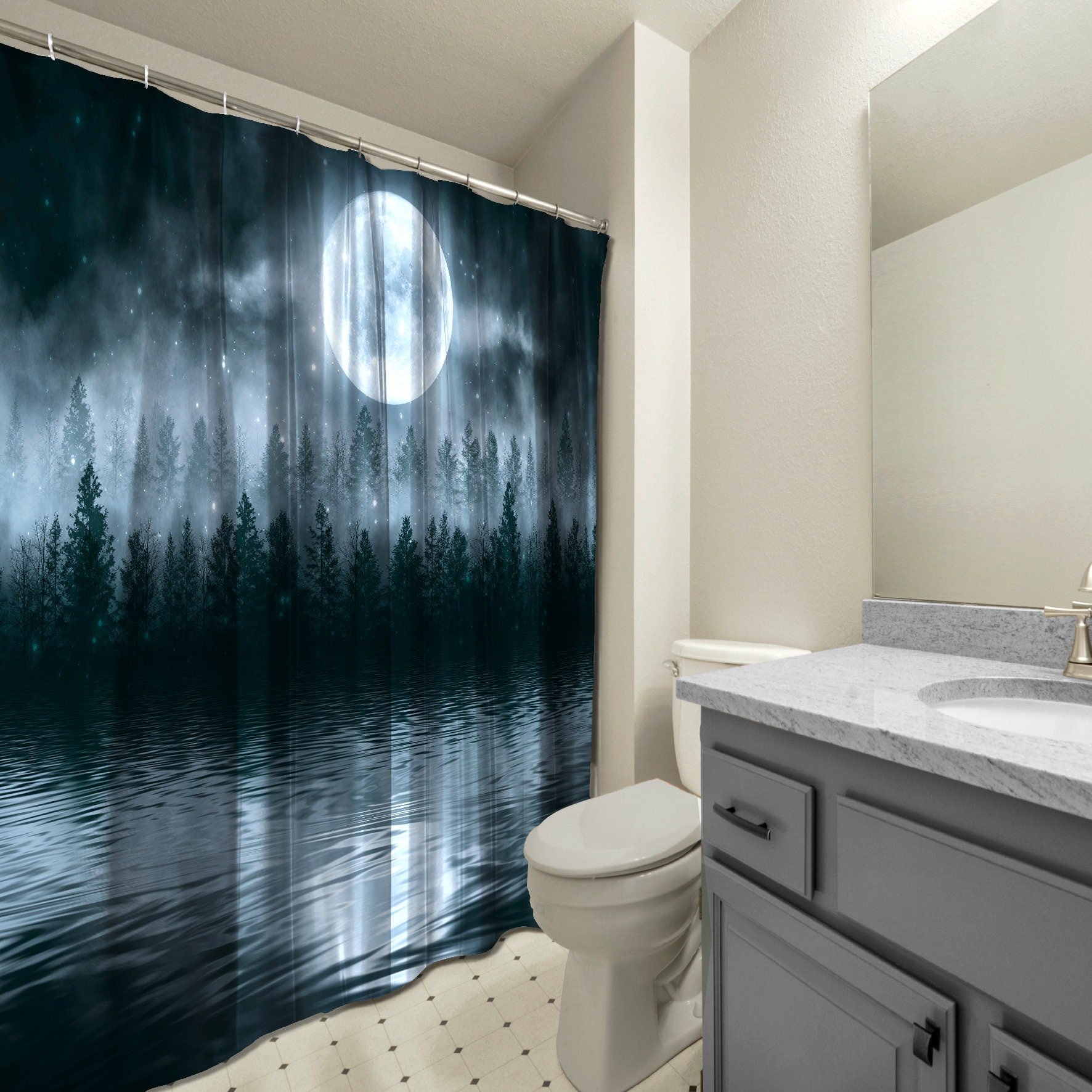 Multidimensional Misty Dark Forest With Moon Shower Curtain Waterproof