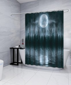 Multidimensional Misty Dark Forest With Moon Shower Curtain Waterproof