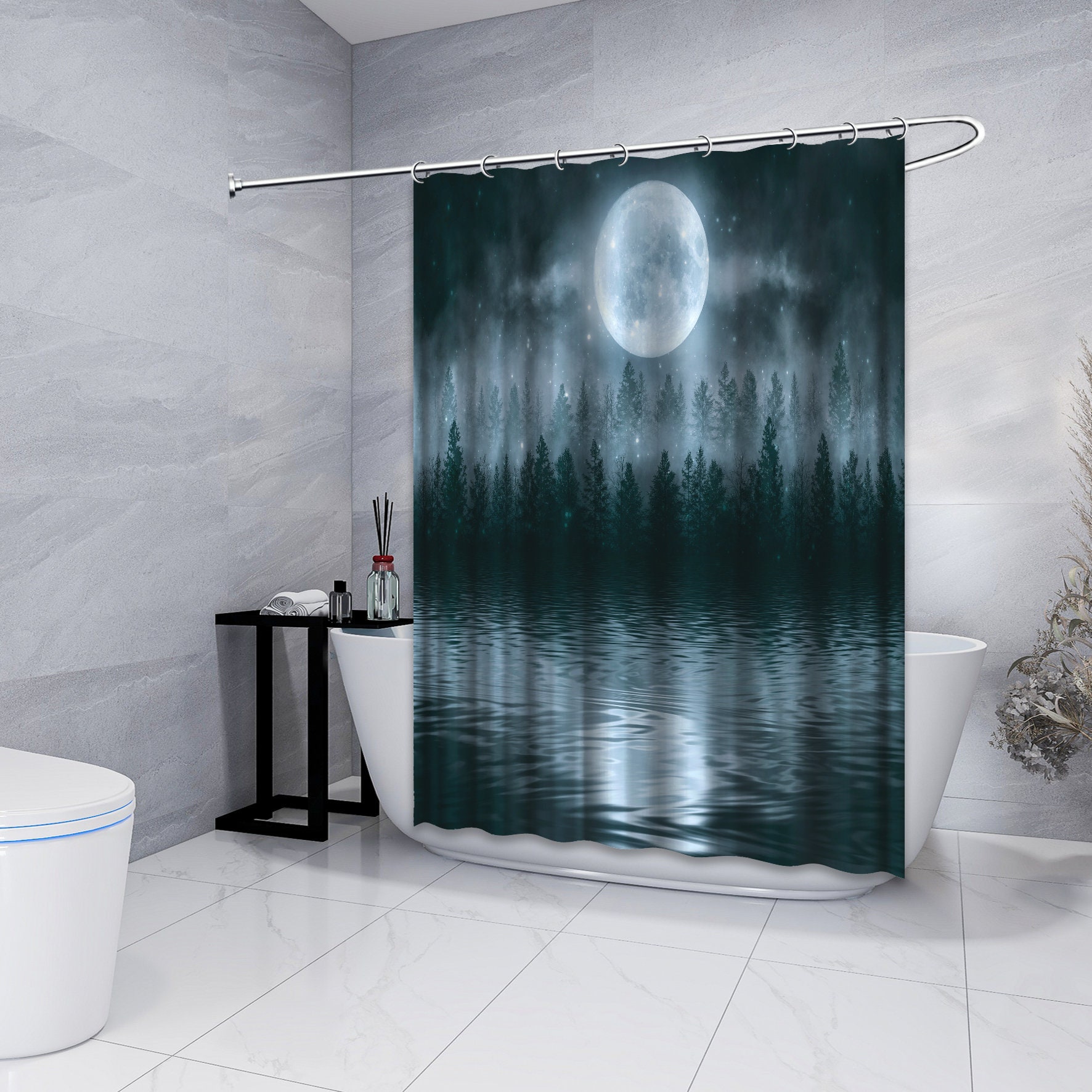 Multidimensional Misty Dark Forest With Moon Shower Curtain Waterproof