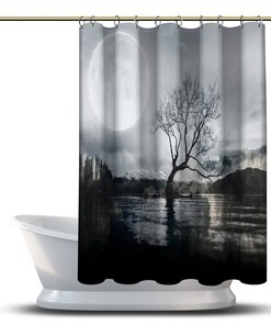 Multidimensional Moon Tree River Art Shower Curtain for a Mystical and Mesmerizing Bathroom Decor