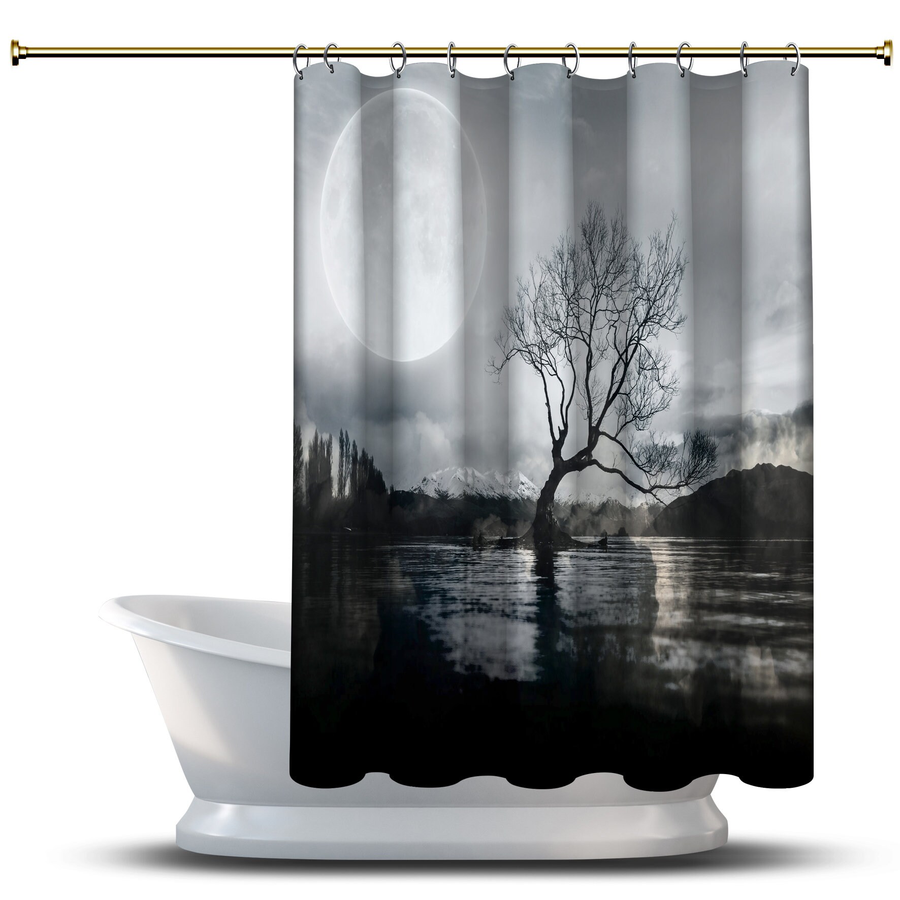 Multidimensional Moon Tree River Art Shower Curtain for a Mystical and Mesmerizing Bathroom Decor