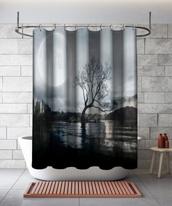 Multidimensional Moon Tree River Art Shower Curtain for a Mystical and Mesmerizing Bathroom Decor
