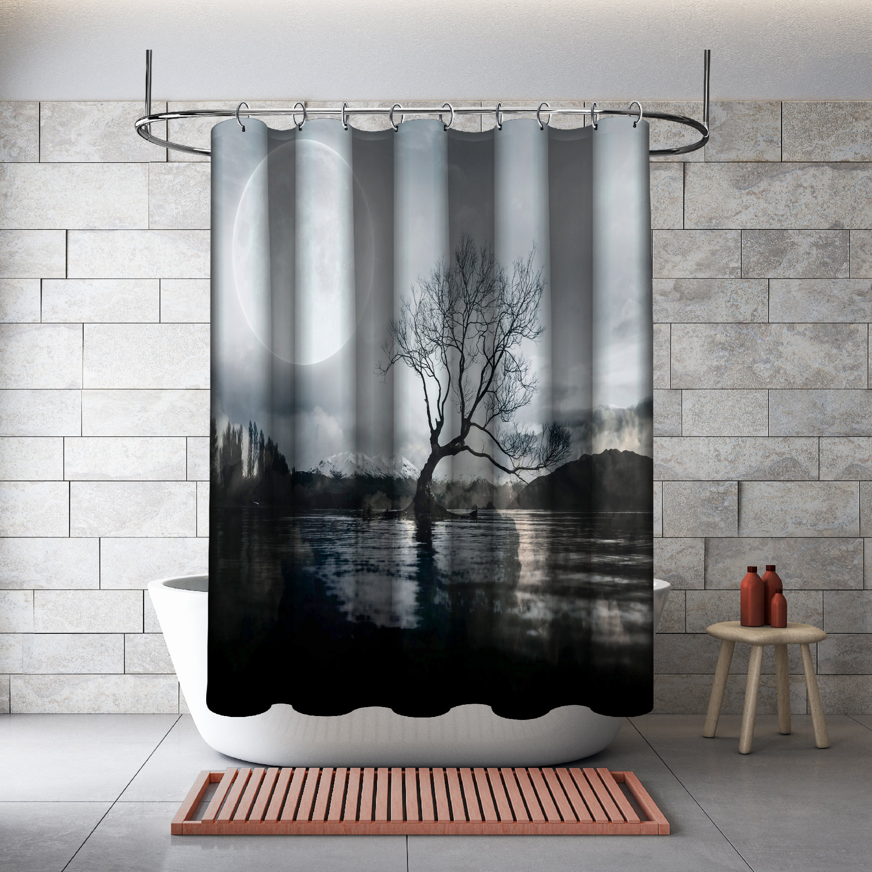 Multidimensional Moon Tree River Art Shower Curtain for a Mystical and Mesmerizing Bathroom Decor