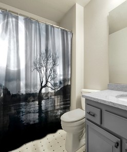 Multidimensional Moon Tree River Art Shower Curtain for a Mystical and Mesmerizing Bathroom Decor