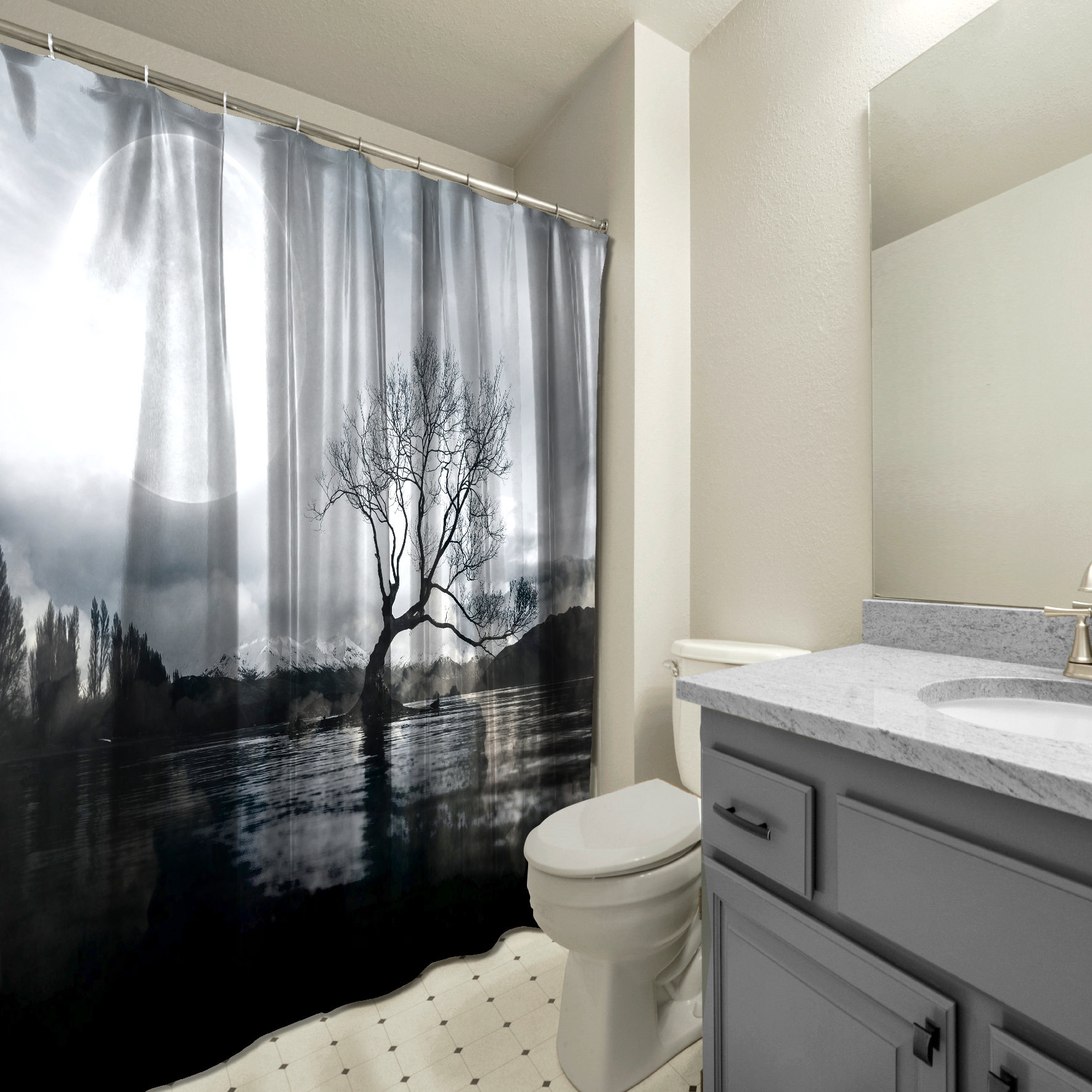 Multidimensional Moon Tree River Art Shower Curtain for a Mystical and Mesmerizing Bathroom Decor