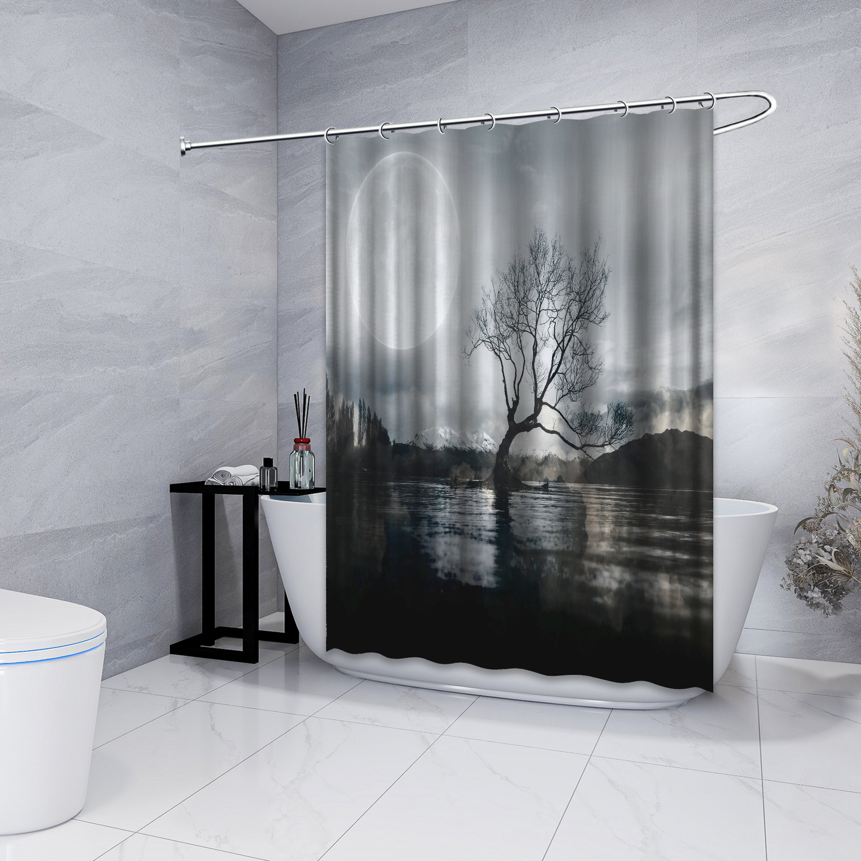 Multidimensional Moon Tree River Art Shower Curtain for a Mystical and Mesmerizing Bathroom Decor