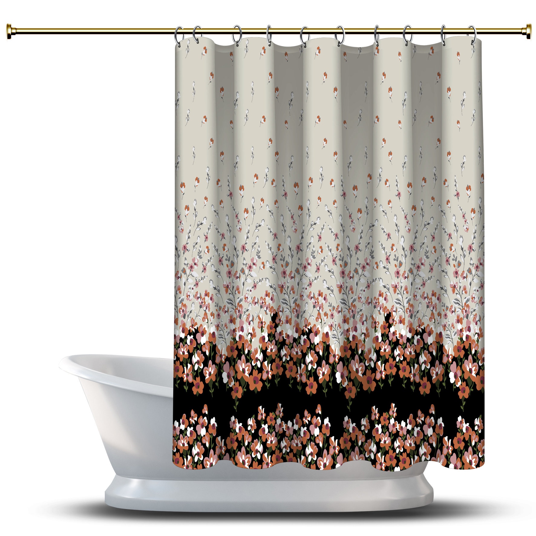 Multidimensional Orange Flower And Leaf Printed Shower Curtain For Waterproof Bathroom Decor