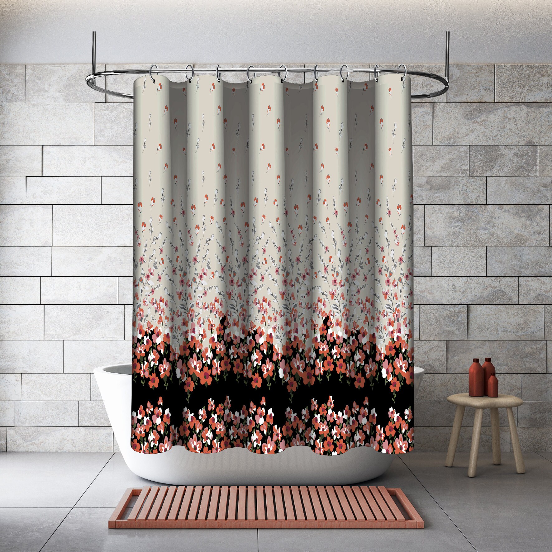 Multidimensional Orange Flower And Leaf Printed Shower Curtain For Waterproof Bathroom Decor - Image 2