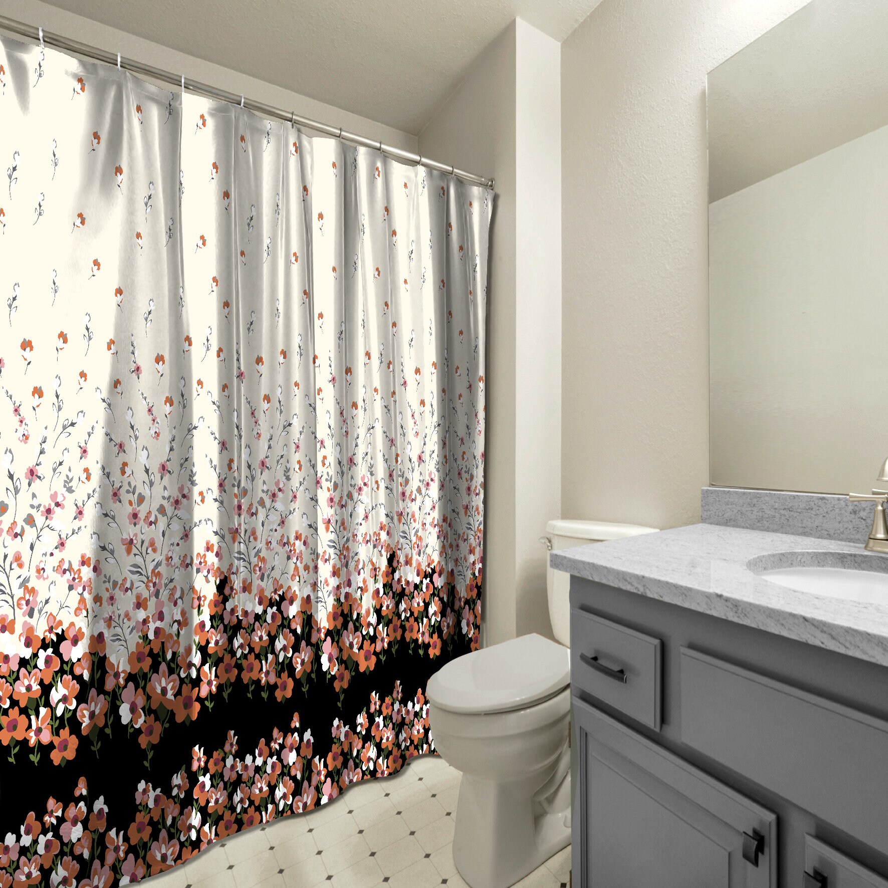 Multidimensional Orange Flower And Leaf Printed Shower Curtain For Waterproof Bathroom Decor - Image 3