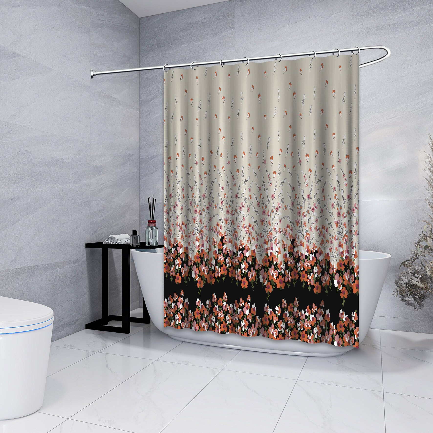 Multidimensional Orange Flower And Leaf Printed Shower Curtain For Waterproof Bathroom Decor - Image 4