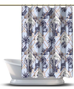 Multidimensional Palm Elephants with Leopards Blue Shower Curtain for a Exotic Look