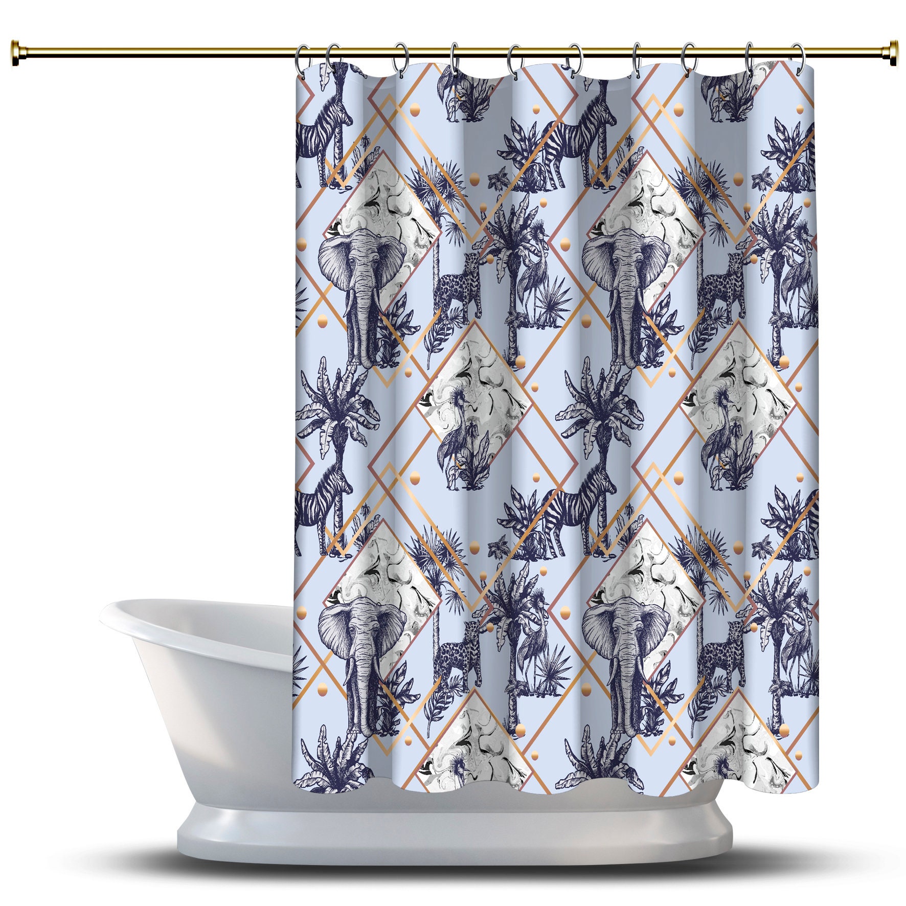 Multidimensional Palm Elephants with Leopards Blue Shower Curtain for a Exotic Look