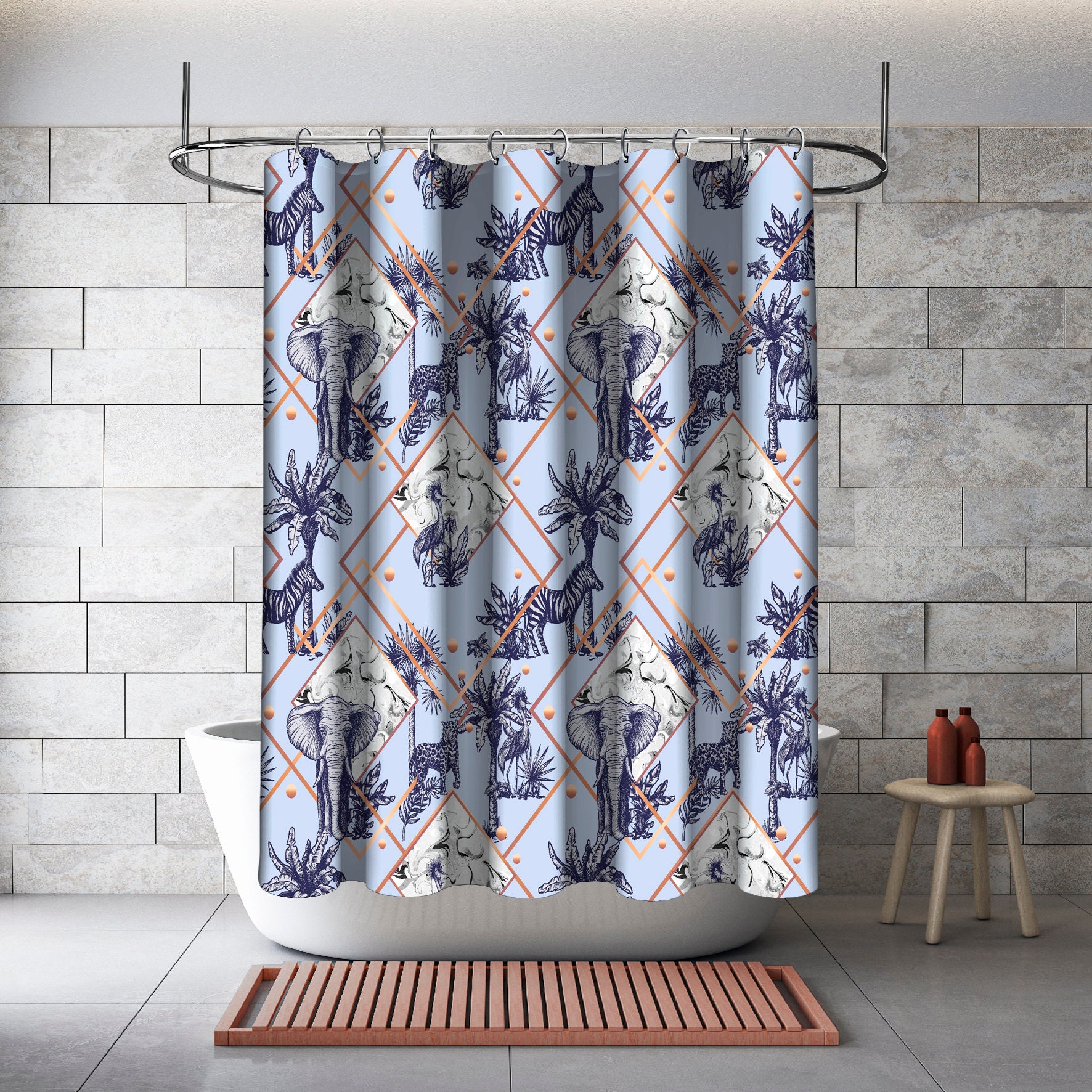 Multidimensional Palm Elephants with Leopards Blue Shower Curtain for a Exotic Look