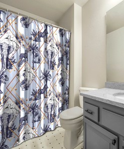Multidimensional Palm Elephants with Leopards Blue Shower Curtain for a Exotic Look